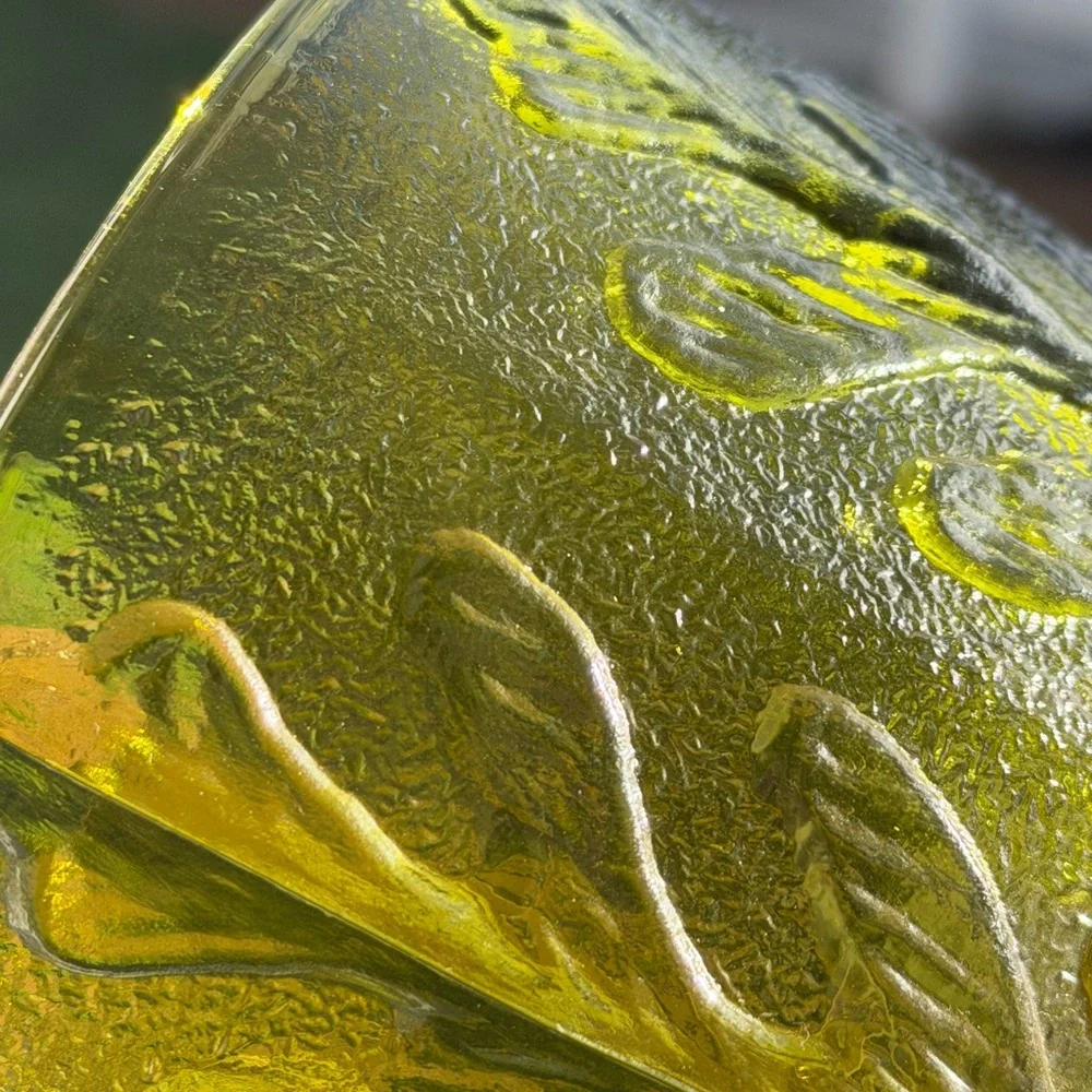 Vintage 1975 FTD Avacado Green Glass Pedestal Vase. Compote | Embossed Leaf EUC